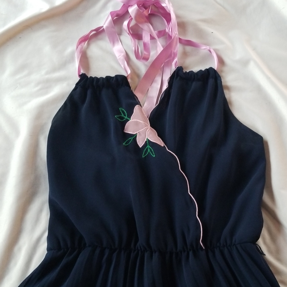 Navy blue halter dress with pleated bottom
